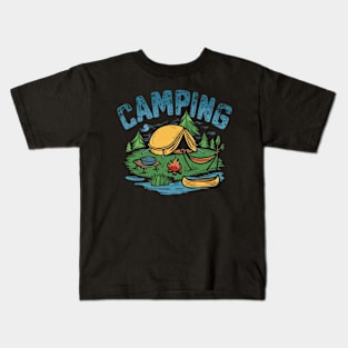 Camping Illustration campfire boat on a lake Kids T-Shirt